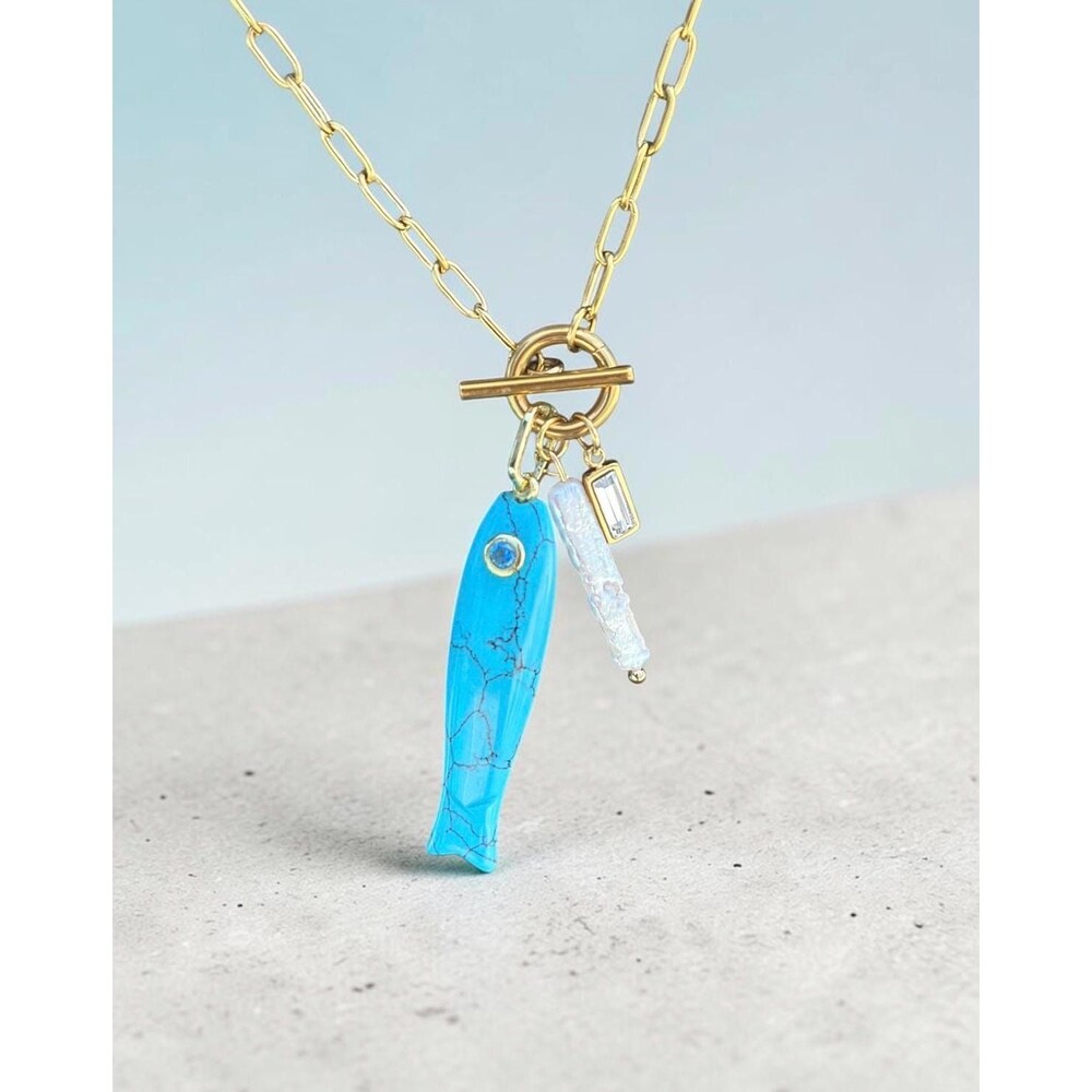 Viral Fish Charm and Pearl Necklace on Paperclip Gold Chain Turquoise  Gemstone